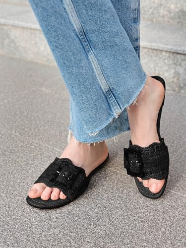 Image of Coutgo Womens Flat Sandals Raffia Slip On Slide Sandal Square Open Toe Buckle Summer Beach Shoes Flats
