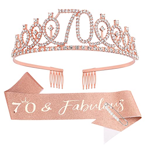 70th Birthday Celebration Pack for Women: Crown Sash Pearl Pin and Photo Booth Props for a Fabulous Milestone