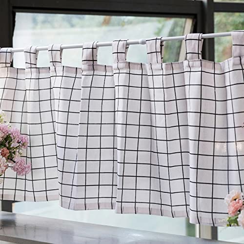 Cortina corta para ventana tipo visillo escocés blanco y negro con correa de barra 2
