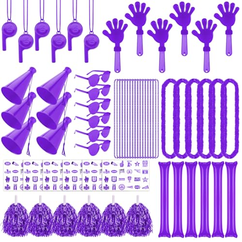 Soulchen 180 Pcs Purple Team Spirit Accessories Bulk Spirit Day Pep Rally Accessories Sporting Events Party Cheerleading Pom Poms Hand Clappers Thunder Stick Whistle Megaphone