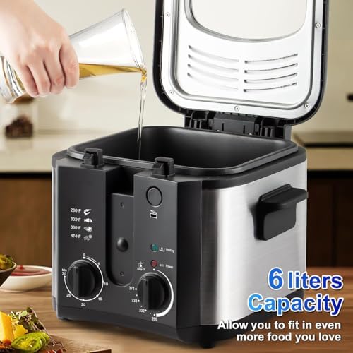 Friggitrice Elettrica 6L con Timer e Temperatura Regolabile 0-190℃, Cesto e Finestra di Visualizzazione, Friggitrice in Acciaio Inossidabile per Cucina
