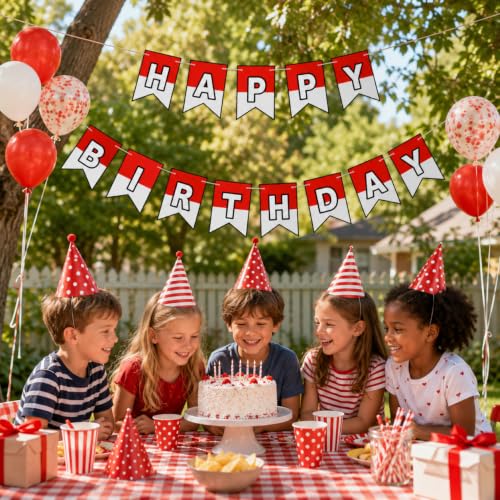Image of VitalCozy Red and White Cartoon Birthday Banner Cute Anime Theme Birthday Decorations Paper Banner for Party Hanging Bunting Decor
