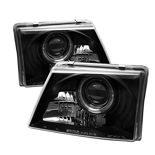 For 1998-2000 Ford Ranger Pickup Truck LED Halo Ring Black Bezel Projector Headlight Headlamp Assembly Replacement Pair Driver & Passenger Side Set