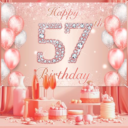 Image of Happy 57th Birthday Rose Gold Banner Cheers to 57 Years Old Backdrop Confetti Balloons Theme Decor for Women 57 Years Old Pink Birthday Party Decorations Bday Supplies Background Favors Gift Glitter