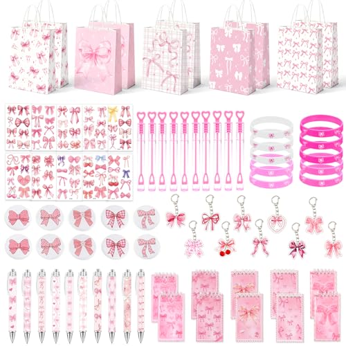 Pink Bow Party Favors for Girls 80pcs Coquette Bow Goodie Bags with Bubble Wands Notebook Pen Mirror Temporary tattoos Stickers Clip Girly Pink Party Supplies Birthday Decorations Bridal Shower Gifts