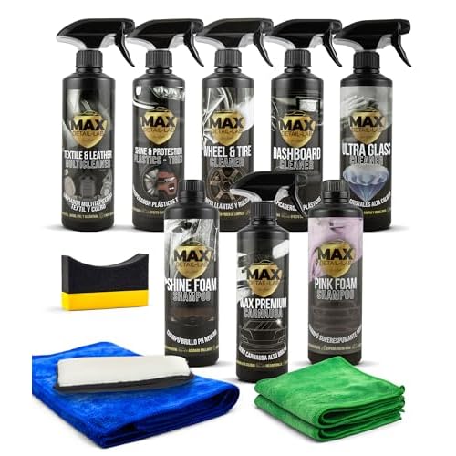 Detailing Pack – Kit Nettoyage Voiture avec Accessoires, Lavage Extérieur Intérieur, Nettoyant Jantes, Shampoing, Cire Liquide, Brillant Pneu Plastique, Entretien Cuir Vitre Auto Moto