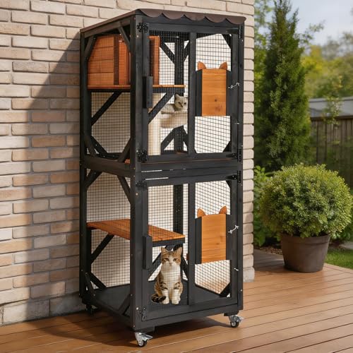 Image of 62.8'' Cat Catio Enclosure, Multi-Level Cat Cage with Jumping Platforms, Sisal Scratching Post & Weatherproof Roof Cover, Solid Fir Wood Cat House for Indoor Outdoor Use, Brown (Fits 2-3 Cats)