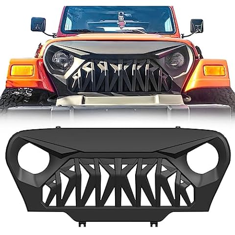 Allinoneparts Front Shark Grille Compatible with Jeep Wrangler Rubicon Sahara Sport TJ 1997-2006, Matte Black Cover