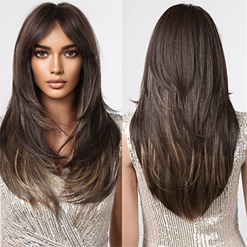Dark Brown Mixed Blonde Wigs For Black Women Long Layered Straight Wigs With Air Bangs Heat Resistant Natural Looking Synthetic Wig For Daily Use #TOP1