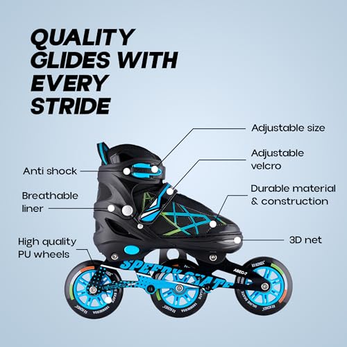 Image of Konex 3 Wheel Inline Skates for Kids | Adjustable PU Wheels & Durable | Trusty - Size L (35-38) Blue