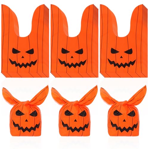 Semato 50 Pcs Halloween Treat Bags Halloween Goodie Bags Pumpkin Trick or Treat Gift Plastic Bulk Candy Bag for Kids Party Favors