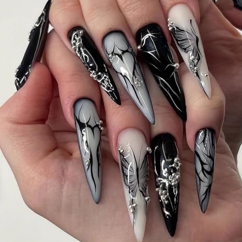 MISUD Press on Nails - Long Stiletto Glue on Nails with Goth Black Acrylic Gothic Butterfly Design 24 pcs
