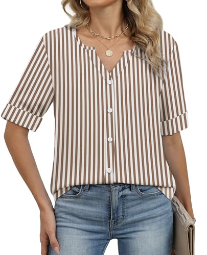 Image of OFEEFAN Button Down Shirts for Women 3 /4 Length Sleeve Tops V Neck Blouses Business Casual Outfits Loose Fit