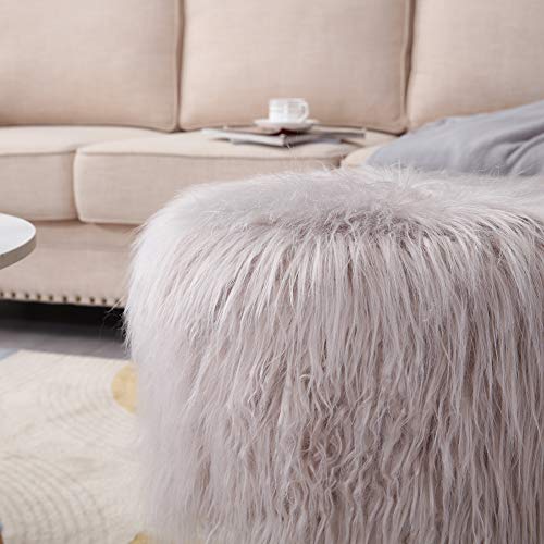 Mxfurhawa Grey Modern Faux Fur Vanity Stool Ottoman, Anti Scratch Golden Metal Legs, Side Table Seat for Living Room, Bedroom and Kids Room Chairs, Decorative Furniture Foot Rest (Silver Grey)