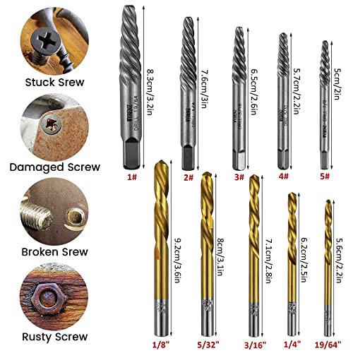 Screw Extractor And Left Hand Drill Bits Set, 10Pcs Bolt Remover Reverse Cobalt Hss Steel Drill Bit For Remove Stripped Screws And Broken Bolts #TOP1