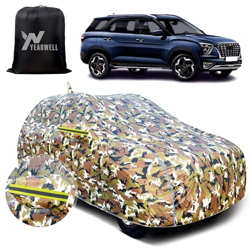 Image of Car Body Cover for Hyundai Alcazar, 100% Waterproof, Heat-Resistant with Mirror & Antenna Pockets, Soft Cotton Lining, Triple Stitched, Green Reflector (Jungle Print)