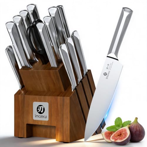 Image of Imarku 16PCS Japanese High Carbon Stainless Steel Knife Set with Block & Sharpener, Dishwasher Safe Kitchen Knife Block Set, Ergonomic Handle Kitchen Utensils Set Gift