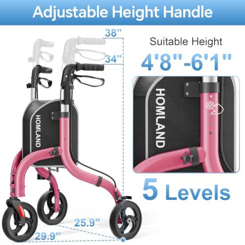Image of HOMLAND Foldable 3 Wheel Walkers for Seniors, Lightweight 10.4 lbs | with Cane & Cup Holder, Height Adjustable, 8'' big wheel, Ruby Red