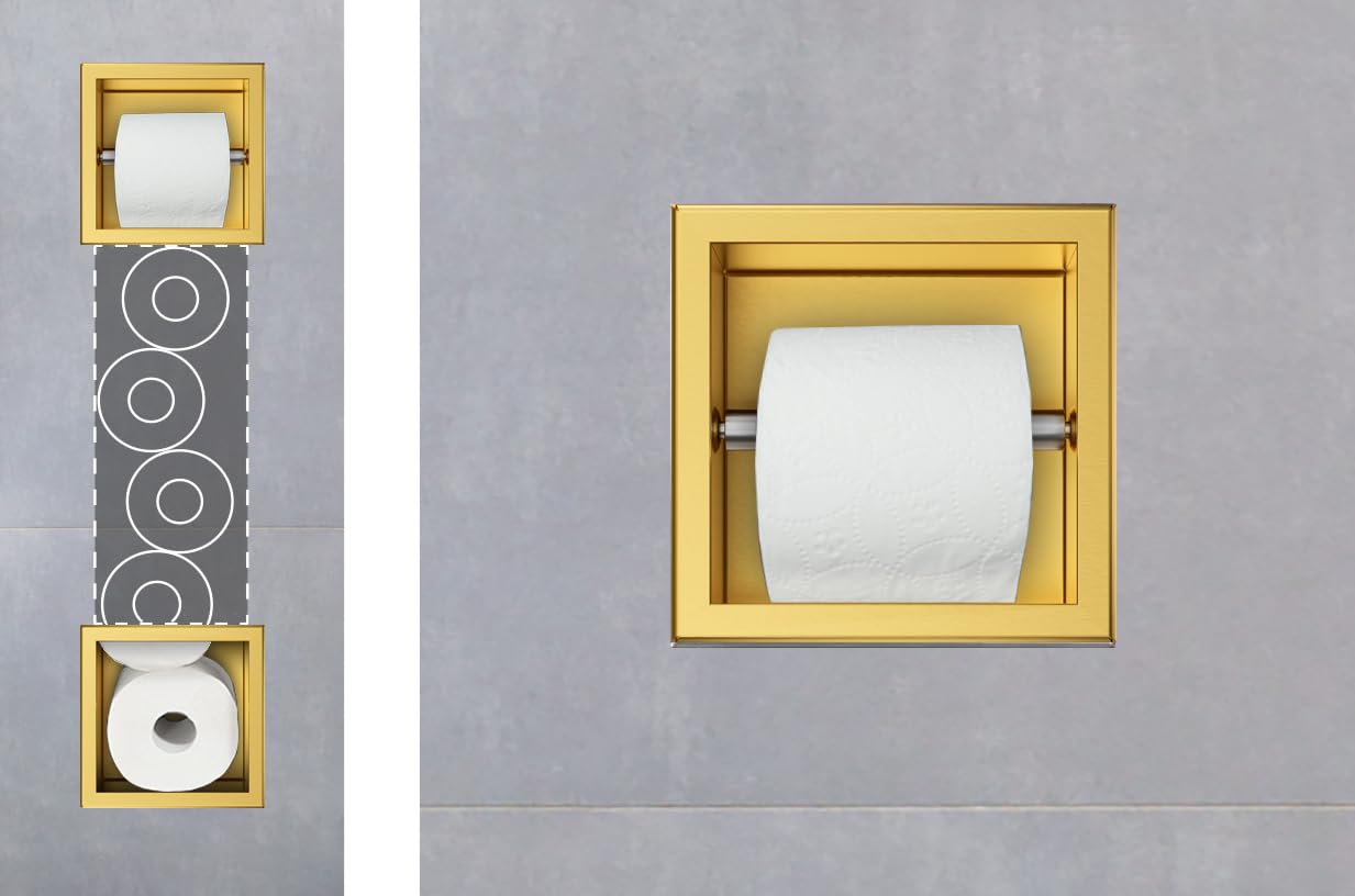 Porta Carta Igienica con Rivista per 6 Rotoli, Porta Carta Igienica per Bagno, Installazione a Parete, Oro, Acciaio Inossidabile, 74x20.8x14.75cm, Installazione Ad Incasso Wall-Box Paper 2 Oro