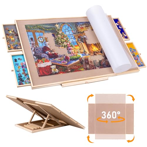 Sancallie 36" X 25" Rotating & Adjustable Puzzle Board Easel,Wooden Jigsaw Puzzle Table with 4 Sorting Drawers Tilted Angles Non-Slip Suede Surface for Up to 1,500 Pieces Puzzles with PP Cover