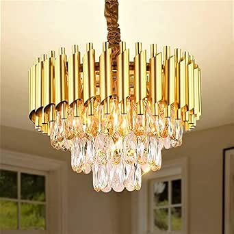 Brontes Orab Modern Crystal Pendant Light Golden Round Ceiling Light Fixture for Living Room and (Antique, 400mm) and 3 Colors Led Plate Included Warm White, Natural Light, Golden Light