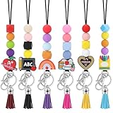 Misdary 6 Pcs Teacher Lanyards Cute Beaded Breakaway Clasp Retractable Badge Reel Lanyard Teacher Gift for ID Badges Holder Christmas Keychain Women(School Supply Theme)