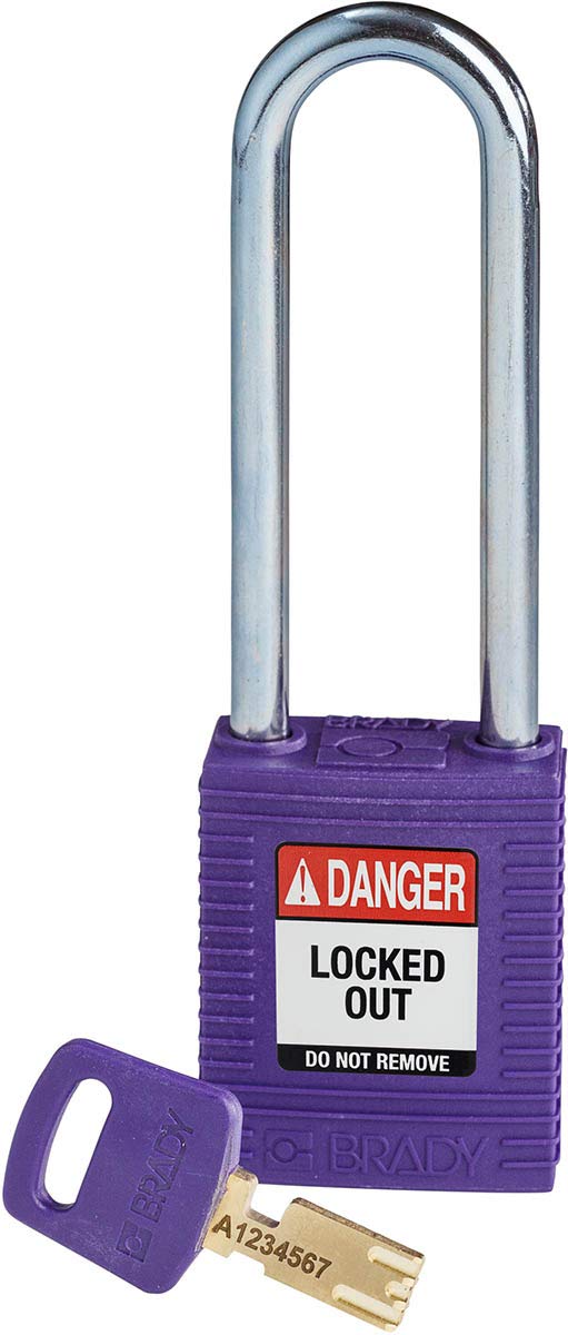 BradySafeKey Lockout Padlock - Nylon - Purple - 3.0" Steel Shackle Vertical Clearance - Keyed Different
