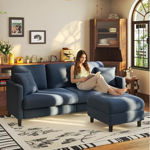 Image of Welzona 83 inch Couches for Living Room, Teddy Sofa Couch with Storage Ottoman, L Shaped Couch with Movable Ottoman, Tool-Free Modular Sectional Sofa, All-Wood Sofas for Living Room 2 Pillows, Blue Grey