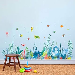 decalmile Under the Sea Seaweed Wall Corner Decals Fish Jellyfish Ocean Grass Baseboard Skirting Line Wall Stickers Baby Bedroom Bathroom Living Room Wall Décor