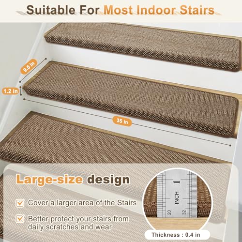 SMILOOL Bullnose Carpet Stair Treads Non Slip for Wooden Steps Indoor, 9.5\" x 35\" 14 Pieces, Extra Wide Bull Nose Carpet Runners for Wood Stairs, Step Covers, Stair Tread Rugs, Washable, Brown