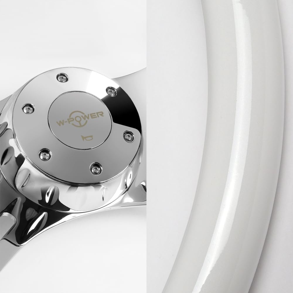 W-Power, 16" Universal 406mm 5 Bolt Hole 2 Inches Deep with Aluminum Polished Vintage Style Wood Grip Steering Wheel, Chrome Horn Button (White Wood Grip/Chrome Spokes)
