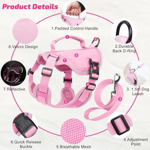 Ledeak Dog Harness and Lead Set, No Pull Adjustable Pet Harness with Soft Mesh and Reflective Bands, Breathable No-Choke Vest Harness with Control Handle for Puppy Small and Medium Dogs (Pink, XS)