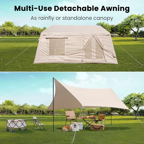 Image of 8-10 Person Large Inflatable Camping Tents with Canopy, Blow Up Tent House 2 Rooms, 4 Season Hot Tent with Stove Jack & AC Ports, Glamping Camping Tents for Outdoors, Easy Setup with Air Pump