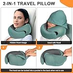 Travel Pillow - Hooded Neck Pillow Airplane Memory Foam Filling for Plane, Office, Cars Sleeping, Road Trip, Long Flights, Portable Plane Accessories, Includes Eye Mask & Earplugs (Green) - Image 3