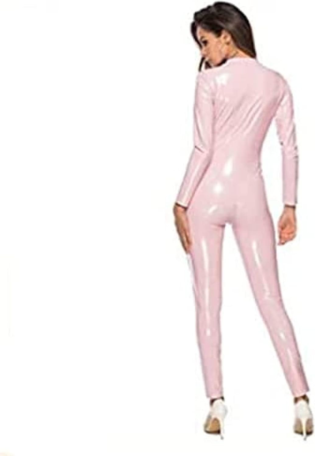 Faux Leather Bodysuit Women Shiny Sexy Wetlook Lingerie Faux Leather Bodysuit with Zipper Crotch Catsuit Clubwear,Pink,X-Large