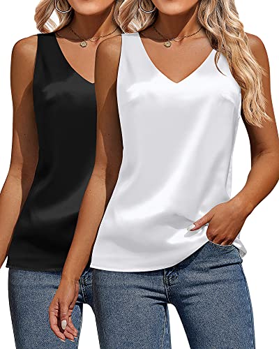 2 Pcs Women's Silk Camisole Satin Tank Top V Neck Camisole Summer Casual Sleeveless Blouse Basic Tank Shirt (White, Black, Xx-Large) #TOP6