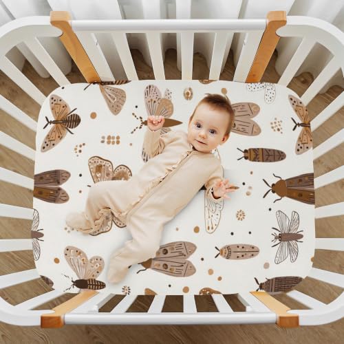 Image of Butterflies Bugs Vintage Cute Crib Sheets Soft Breathable Fitted Baby Crib Sheets Mattress Cover for Girls Boys, 52 inch x 28 inch x 9 inch