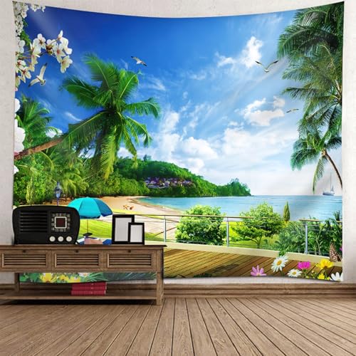 Tapisserie paysage cocotiers mer 210x140 cm pour decoration murale salon