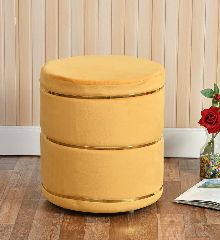 ShadowKart Pouffes Sitting Stool for Living Room, Mudda Puffy Wooden Ottoman Stools, Pouffe Footstool, Pouf for Office Home Decoration & Dressing Table, 16x18 Inch (Mango Gold New)
