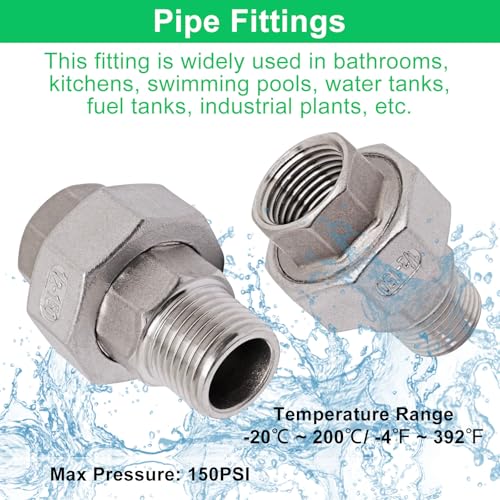 Image of 2Pcs Cast Pipe Fittings Union, 1 /2 inch NPT Female x 1 /2 inch NPT Male Thread 304 Stainless Steel Hex Head for Industrial, Class 150