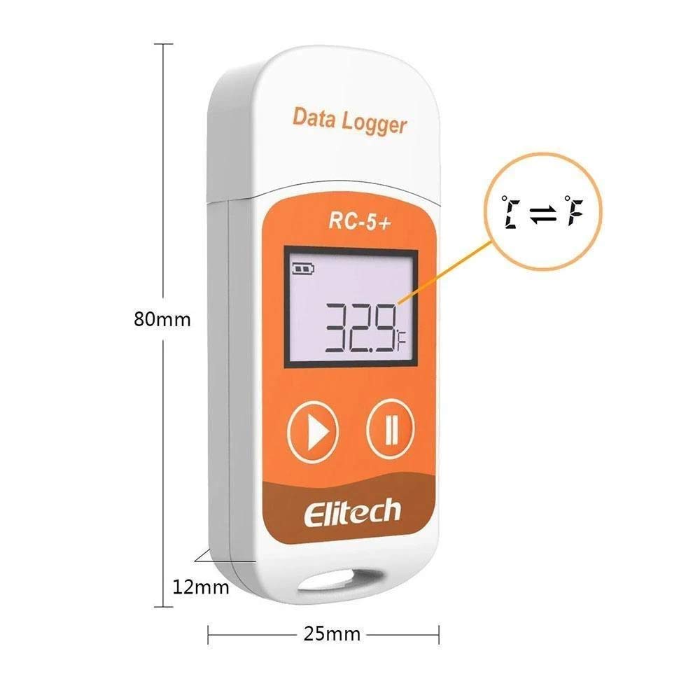 Multiuse Temperature Data Logger (Range: -22°F to 158°F) for Vaccine Box, Hatchery, Blood Bank, Cold Chain, Hatchery, Reefer Truck, Cargo with Sensor | Model: Elitech RC5+