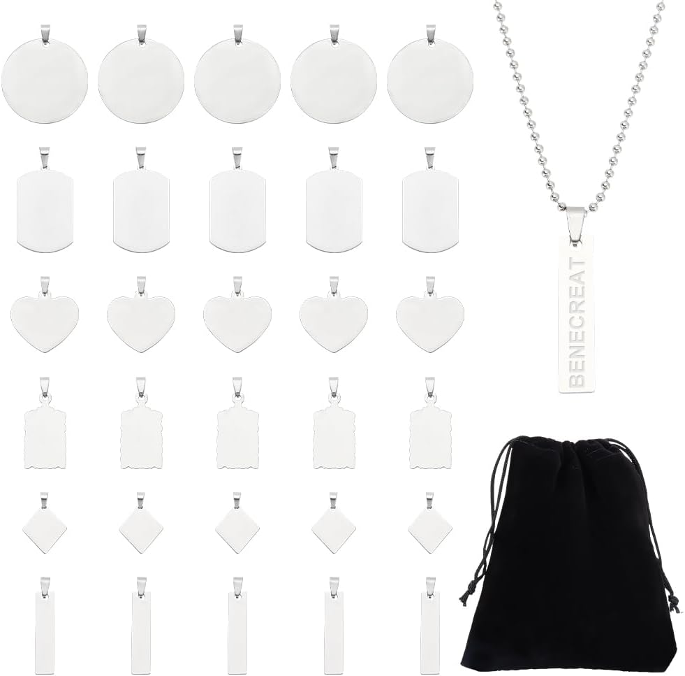 30PCS Mixed Large Stainless Steel Stamping Blanks, Round/Rectangle/Heart Pendants Charms with Black Velvet Bag and Clear Storage Box for Necklace Bracelet Making and ID Name Tags, 1mm Thick