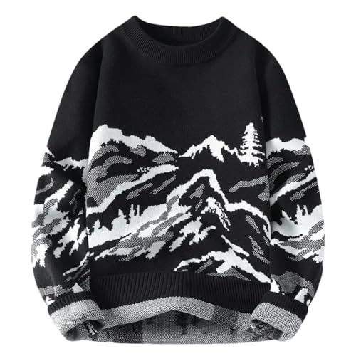 Men Retro Print Loose Fit Knit Sweater O-Neck Full Sleeve Vintage Street Style Casual Pullover Sweater