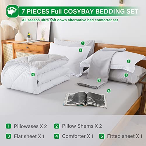 Cosybay Bed In A Bag Queen Reversible Comforter Sets 7Pcs All Season Down Alternative Bedding Sets White And Light Grey With Comforter, Pillow Shams, Flat Sheet, Fitted Sheet And Pillowcase #TOP6