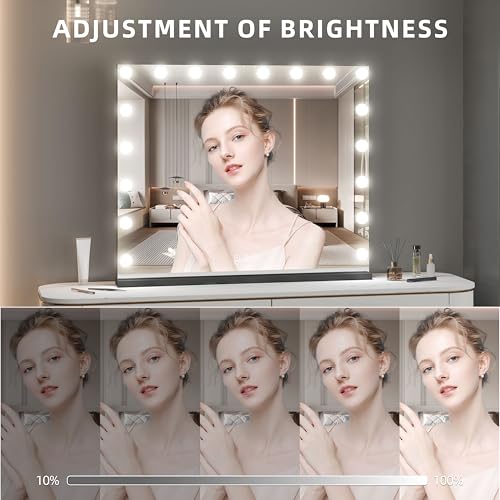 Image of Vanity Mirror with Lights,Makeup Mirror with 17 Dimmable LED Bulbs, 3 Color Lighting Modes Detachable 10X Magnification Mirror Touch Control, 23.6X19,7 inch, Black