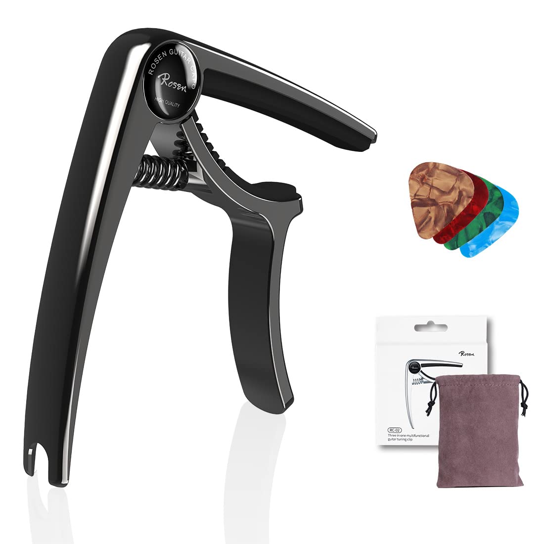 Rosen3-in-1 Metal Guitar Capo for 6-String Acoustic and Electric Guitar Bass, Ukulele, Banjo, Mandolin Capo Picks Set, Quick Release Capotastos, Black