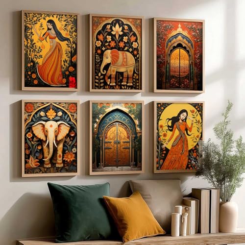 Image of kotart Premium Digital Madhubani Art Paintings with Frame for Home Decor - Framed Painting for Living Room Bedroom Office Room Decor - Painting for Wall Decoration - Pack of 6 (10X13, E)