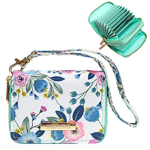Inspring Credit Card Holder Wallets Organizer for Women Zipper Card Case for Girls with ID Holder and Wristlet Wrist Strap Fabric Floral Small Purse 11 Slots and Cash Pocket