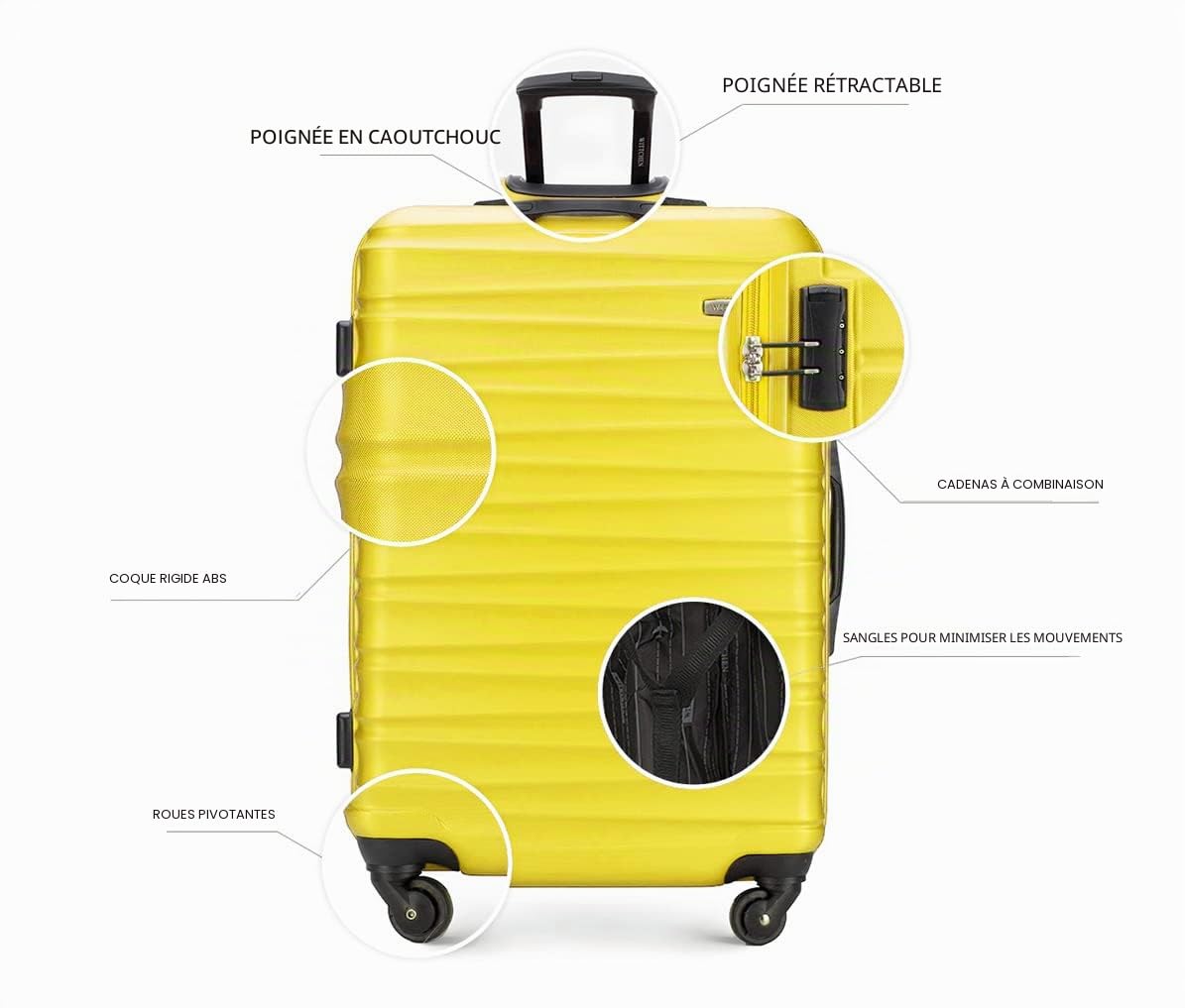 WITTCHEN Valise Grande Taille Valise de Voyage à roulettes Coque Rigide ABS 4 roulettes Spinner Serrure à Combinaison Poignée télescopique Groove Line Taille XL Jaune Air France/Easyjet/Ryanair