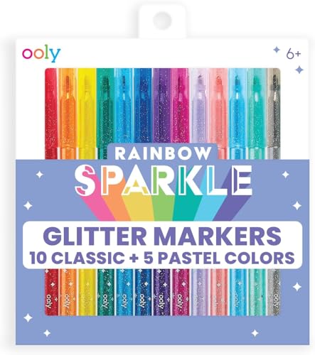 Ooly Rainbow Sparkle Glitter Markers Set of 15 Includes 5 Pastel & 10 Classic Color Markers Glittery & Sparkling Marker for Kids 2mm Nib for Medium Sized Lines - GLITTER VARIETY PACK